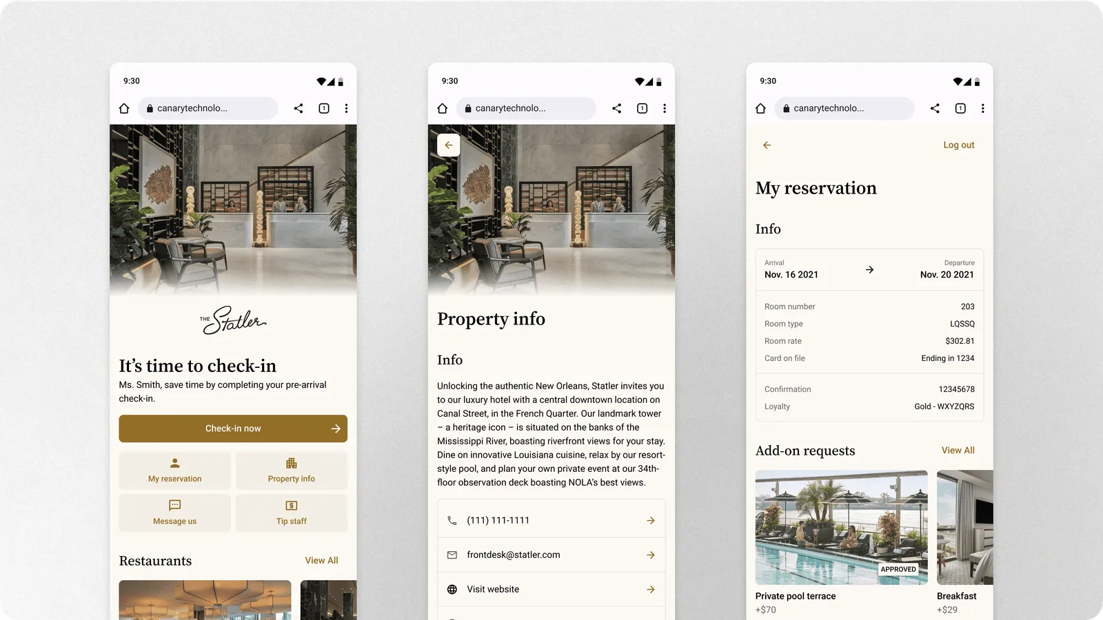 Mobile interface — digital directory with amenities, policies, and dining options