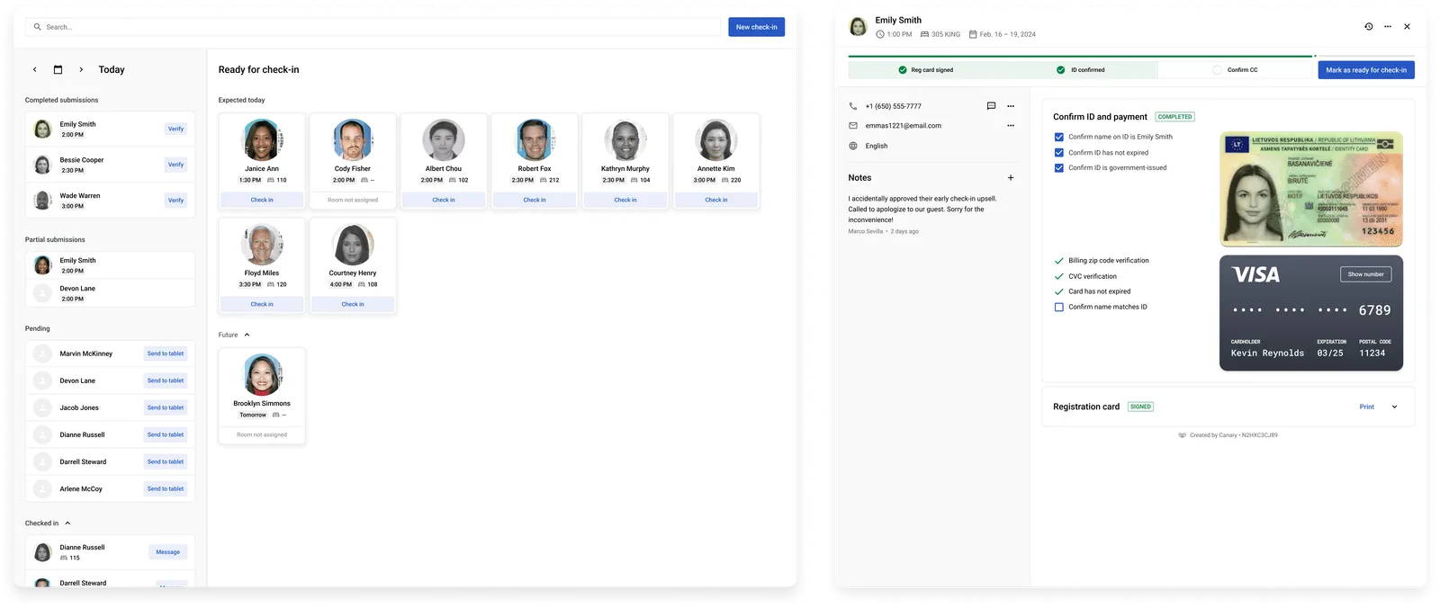 Hotel Check-in — guest mobile flow alongside the front-desk admin dashboard