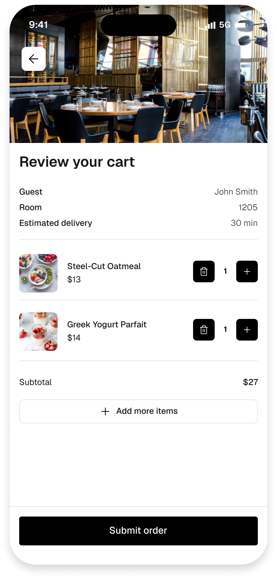 Cart review — order summary before submission