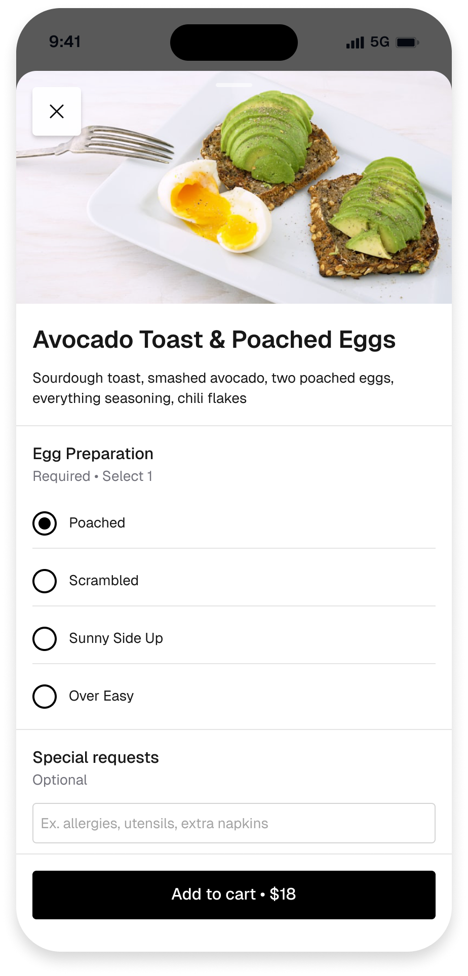 Item detail — customization and modifiers