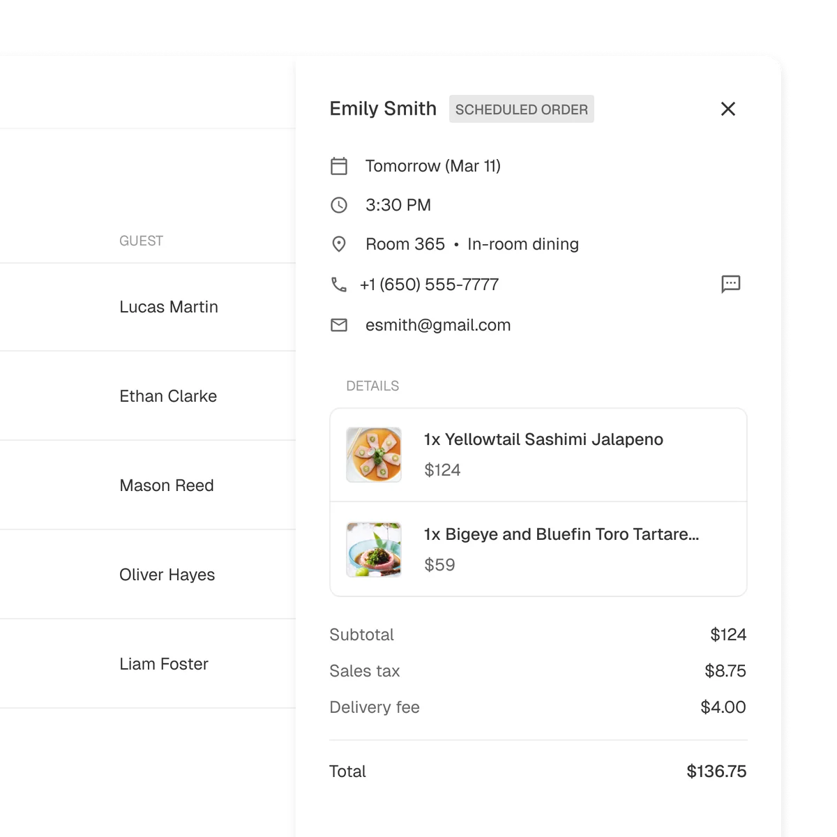 Scheduled order detail panel with guest contact info and order items