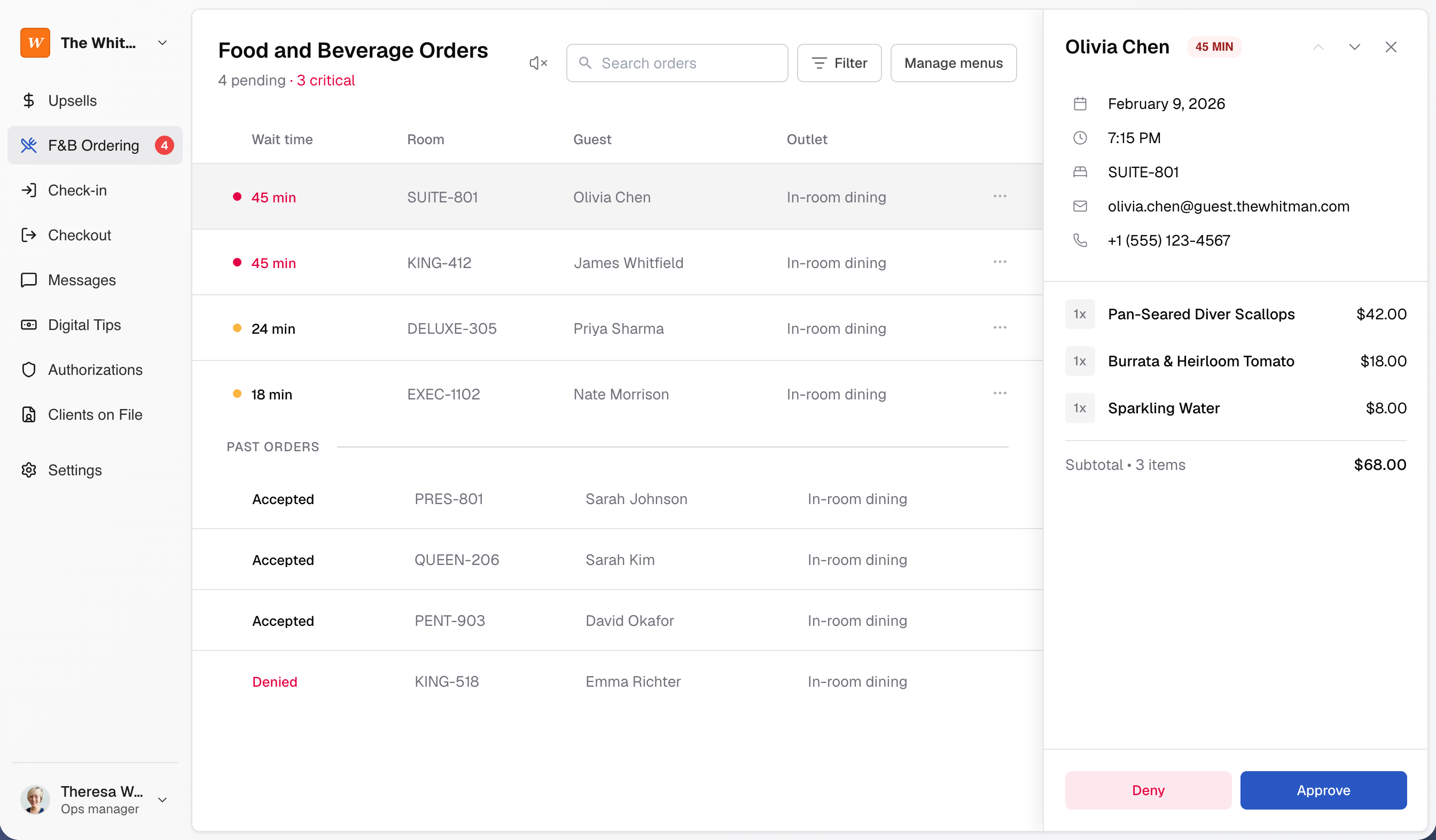 F&B ordering dashboard — order detail side sheet open
